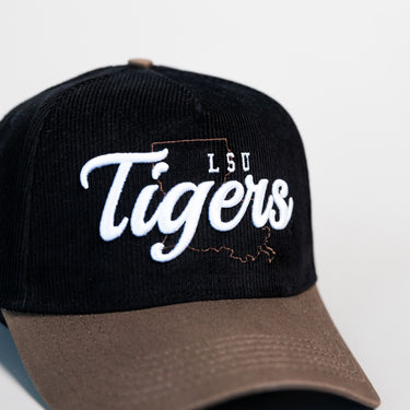 LSU Tigers Hat Black Cotton Tan Suede Brim Script Snapback College LSU - Front Detail