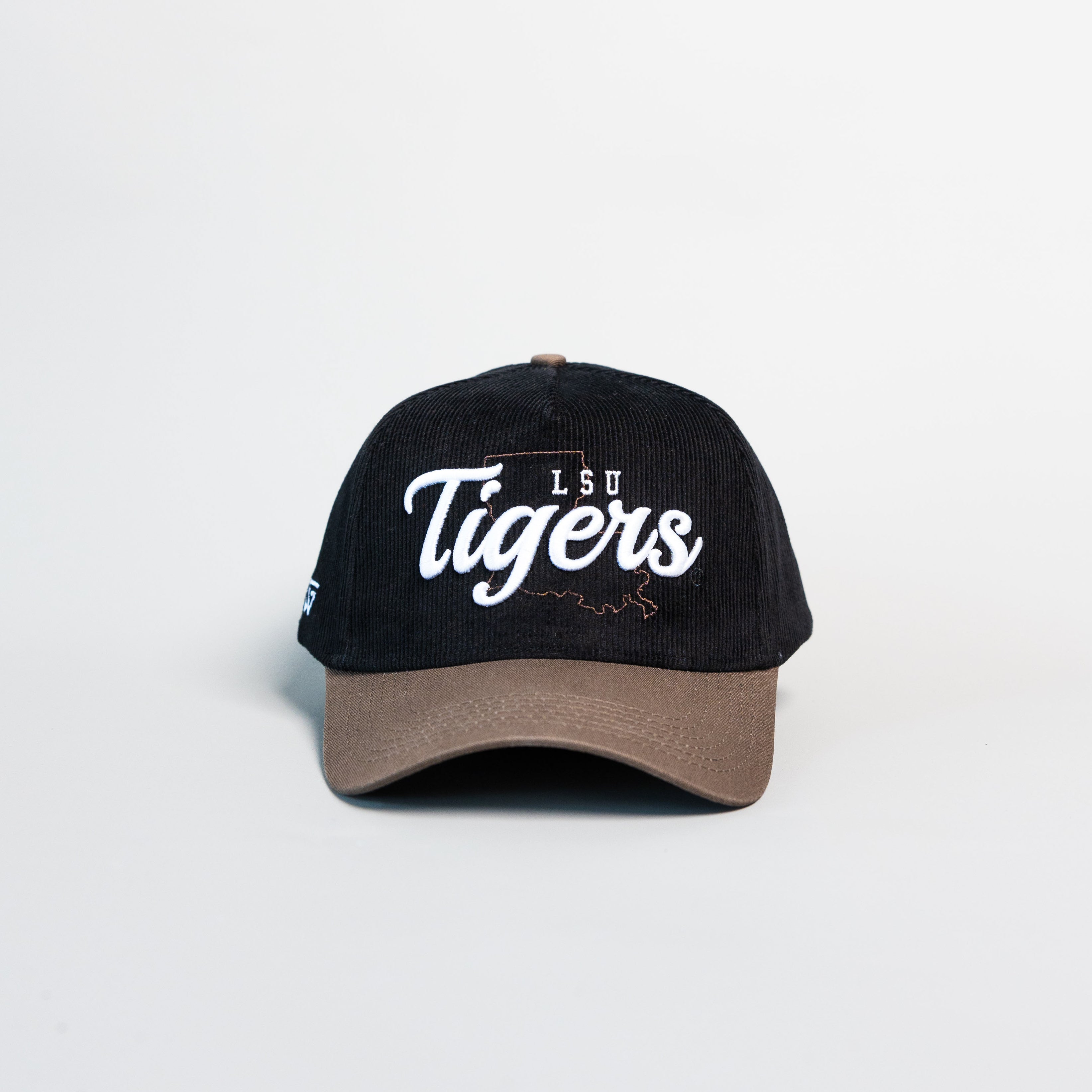LSU Tigers Hat Black Cotton Tan Suede Brim Script Snapback College LSU - Front Panel