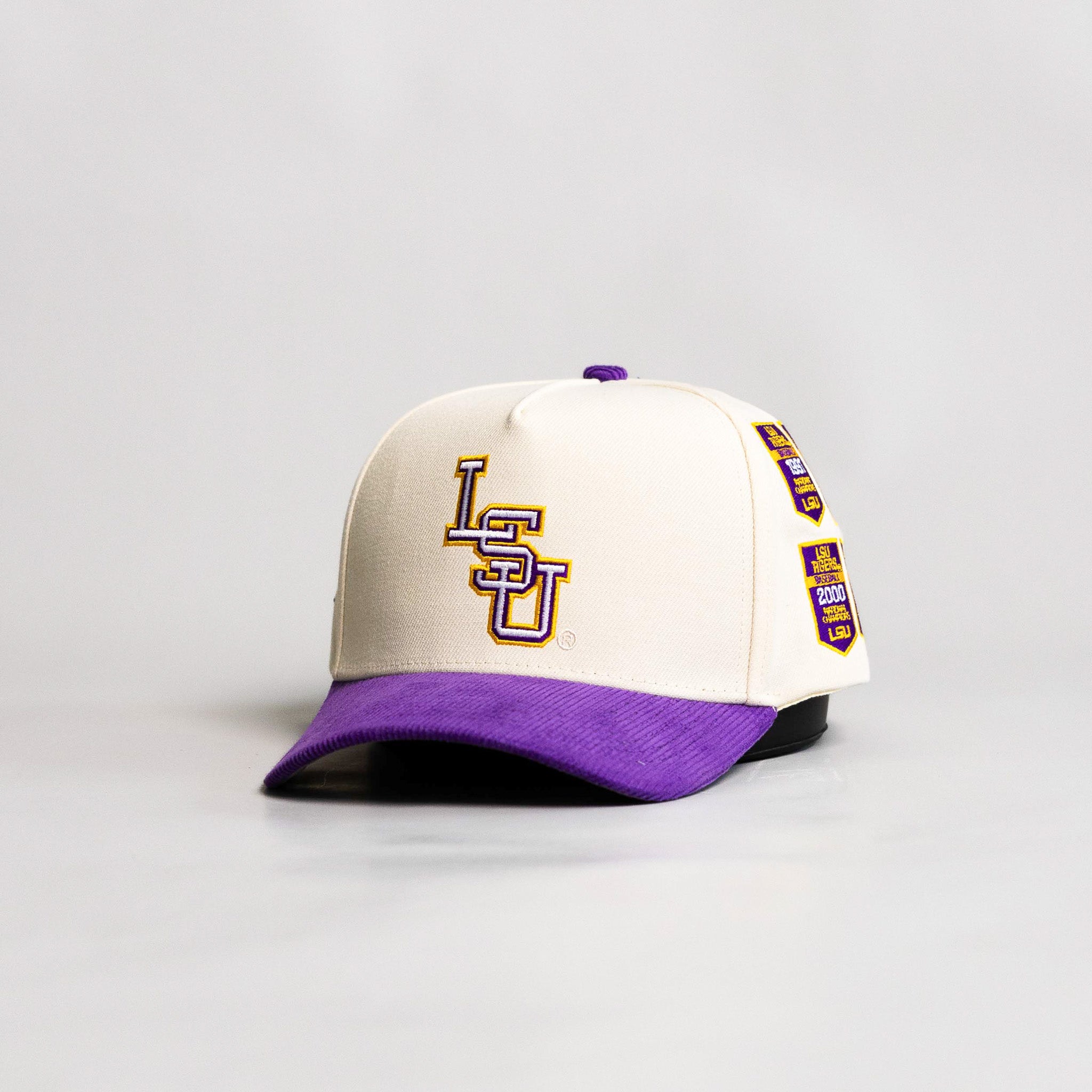 LSU Tigers Hat Cream and Purple Baseball Banners Snapback - Angled View