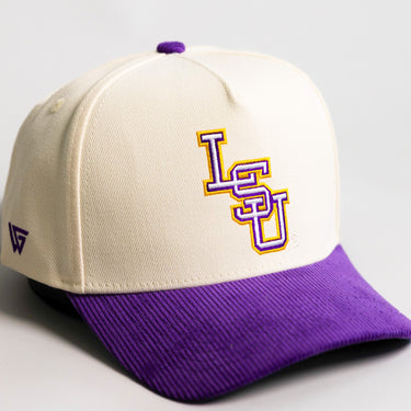 LSU Tigers Hat Cream and Purple Baseball Banners Snapback - Front Detail