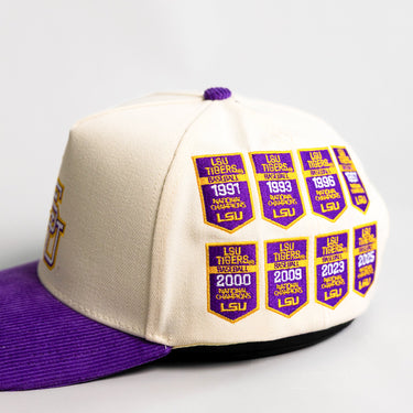 LSU Tigers Hat Cream and Purple Baseball Banners Snapback - Side Patch Detail