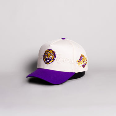 LSU Tigers Hat Cream Cotton Purple Brim Geaux Tigers Script Snapback - Angled View
