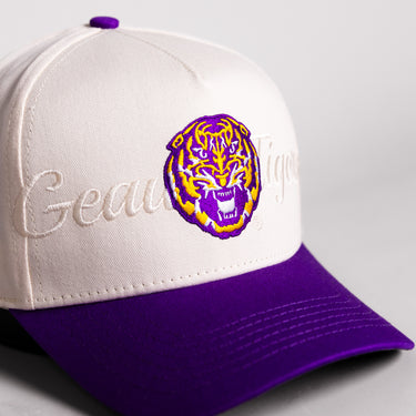 LSU Tigers Hat Cream Cotton Purple Brim Geaux Tigers Script Snapback - Front Detail
