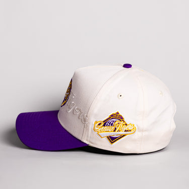 LSU Tigers Hat Cream Cotton Purple Brim Geaux Tigers Script Snapback - Side Patch