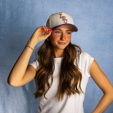 LSU Tigers Hat Cream & Purple Baseball Banners Snapback - On Model Lifestyle B