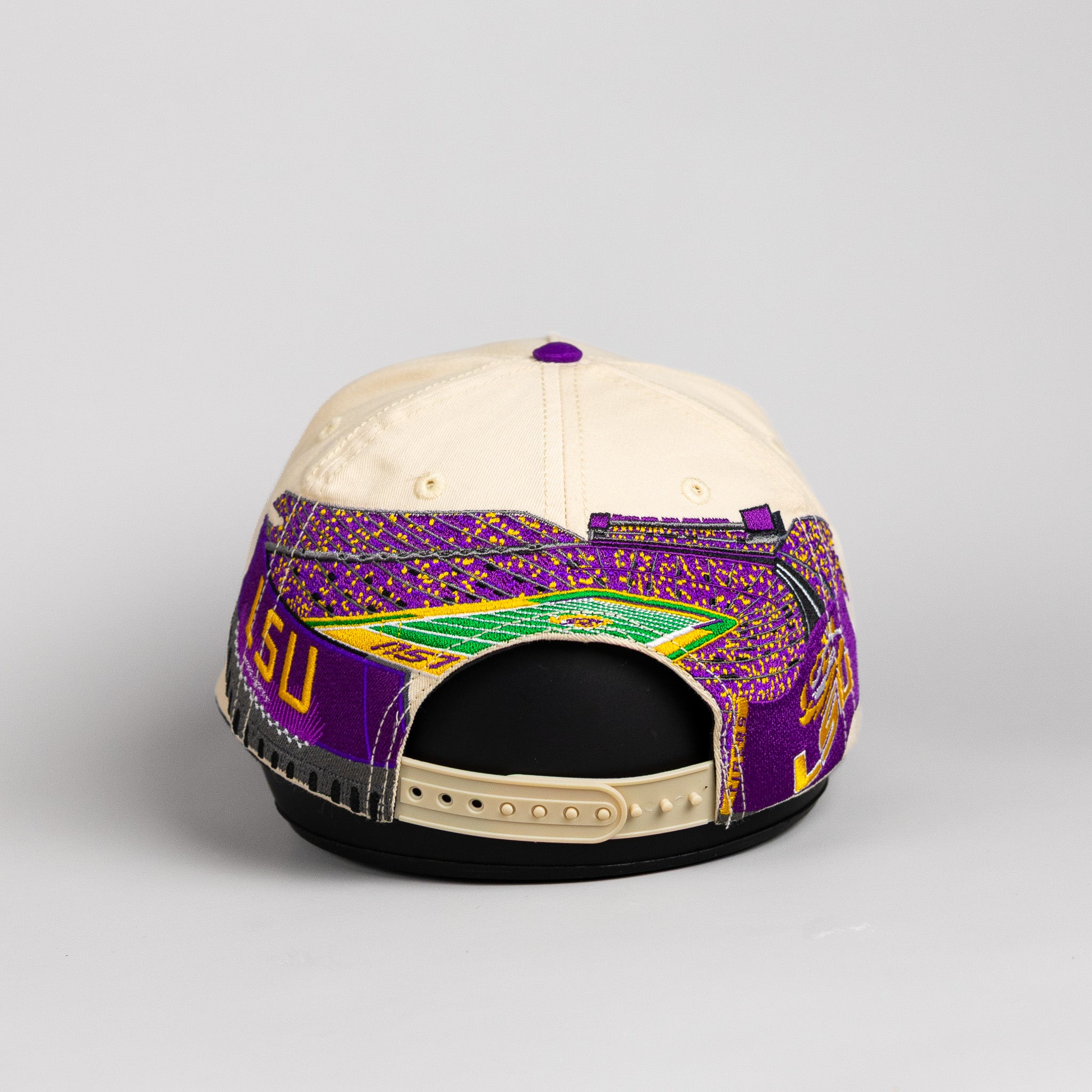 LSU Tigers Hat Cream & Purple Full Stadium Snapback - Back View