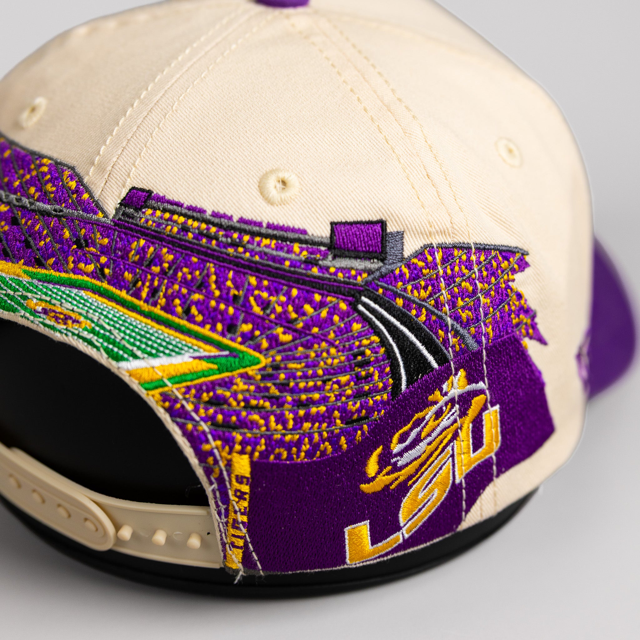 LSU Tigers Hat Cream & Purple Full Stadium Snapback - Side Stadium