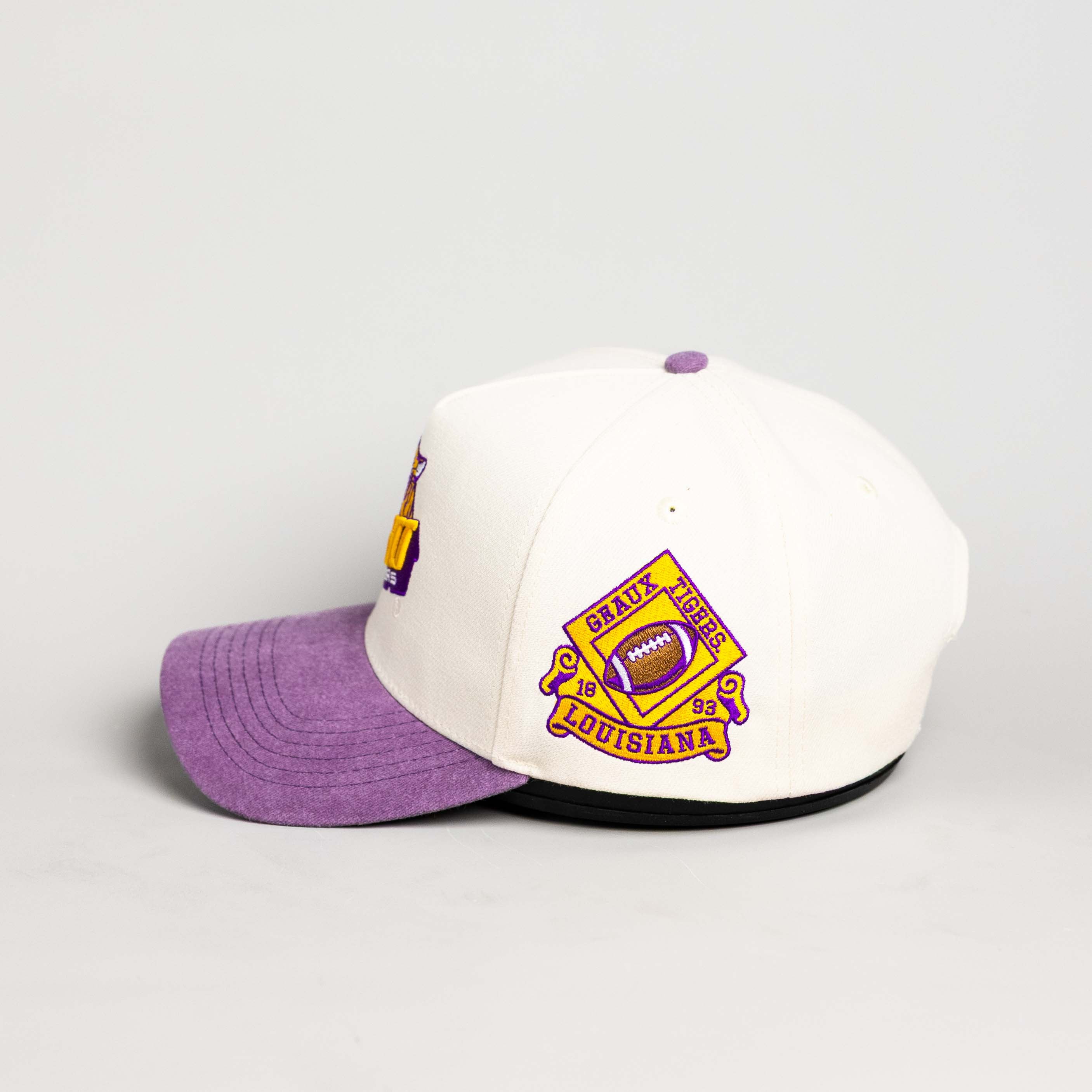 LSU Tigers Hat Cream & Purple Suede Sun Fade Snapback - Side Patch