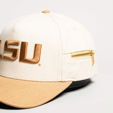 LSU Tigers Hat Cream & Tan Jobsite Snapback - Side Zip Pocket Detail