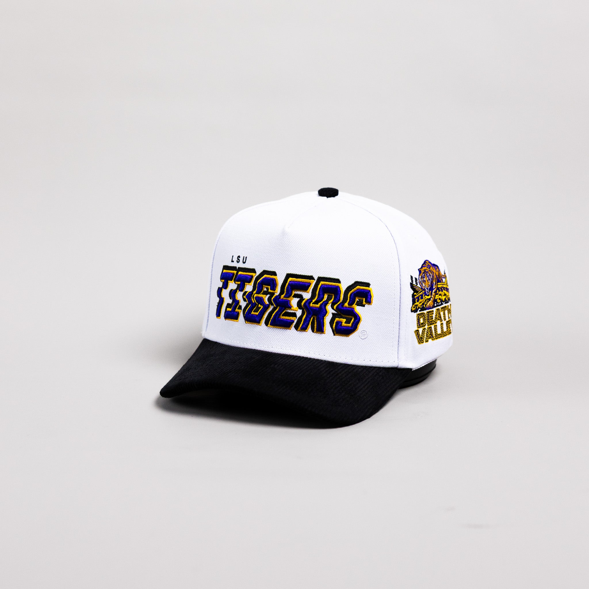 LSU Tigers Hat White & Black Corduroy Stadium Pulse Snapback - Angled View