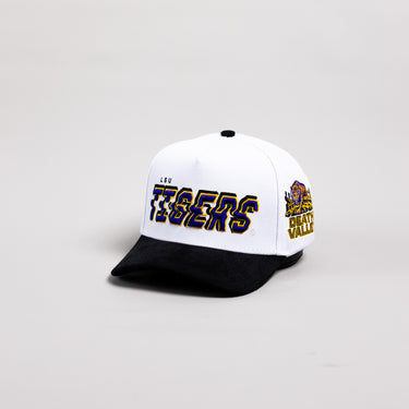 LSU Tigers Hat White & Black Corduroy Stadium Pulse Snapback - Angled View