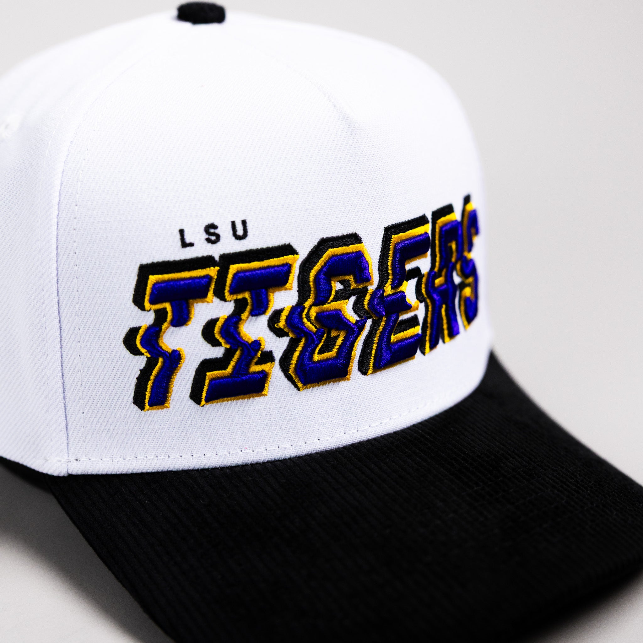 LSU Tigers Hat White & Black Corduroy Stadium Pulse Snapback - Front Detail