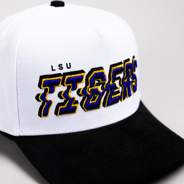 LSU Tigers Hat White & Black Corduroy Stadium Pulse Snapback - Front Detail