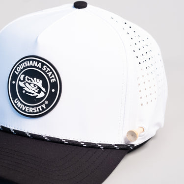 LSU Tigers Hat White Black Tee Box Performance - Front Detail Angled