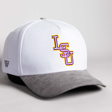 LSU Tigers Hat White & Grey Suede Side Stadium Patch - Angled View