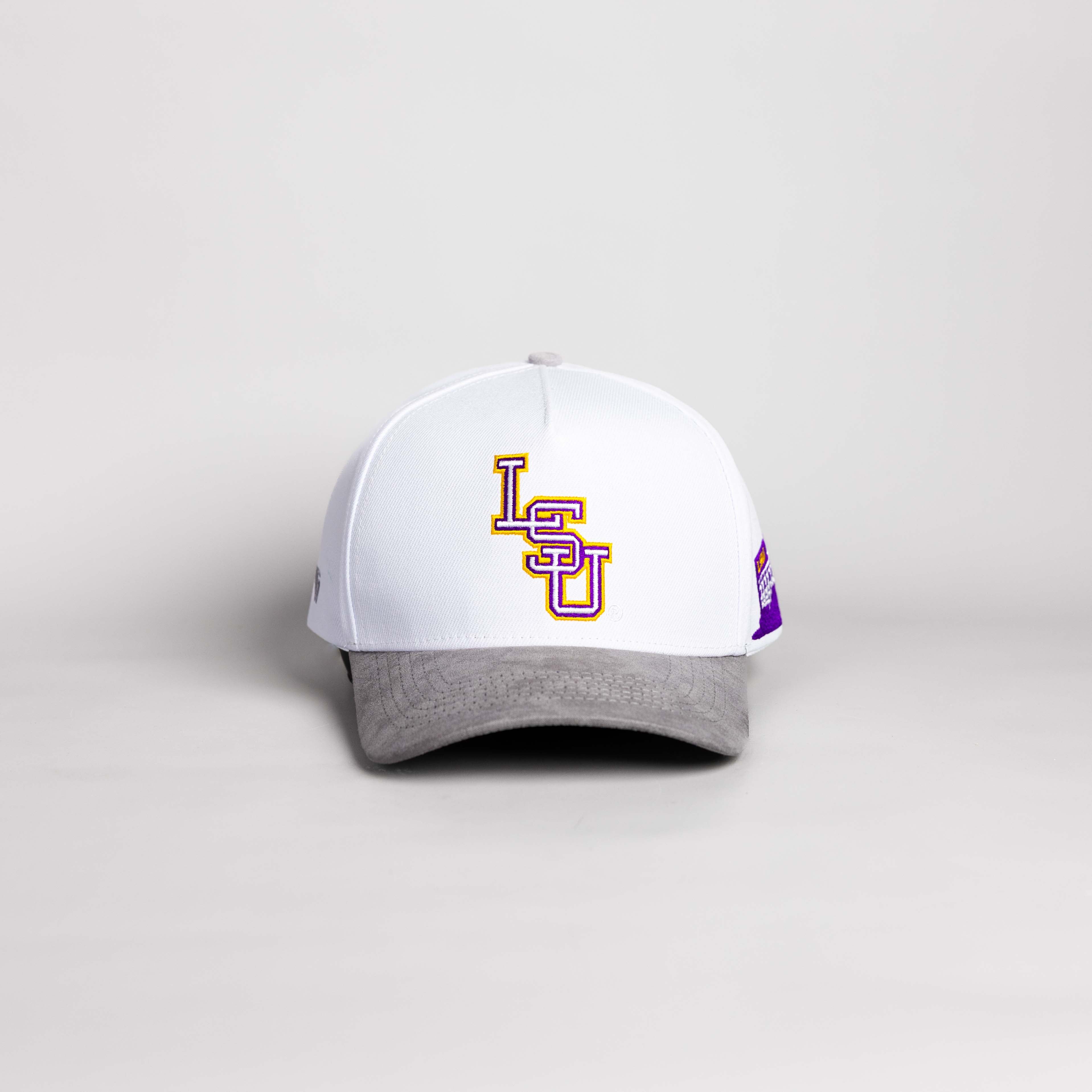 LSU Tigers Hat White & Grey Suede Side Stadium Patch - Front Panel