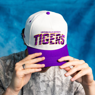 LSU Tigers Hat White Purple Brim Death Valley Patch Snapback College LSU - On Model Lifestyle