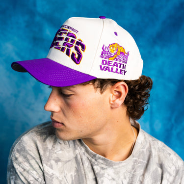 LSU Tigers Hat White Purple Brim Death Valley Patch Snapback College LSU - On Model Seated