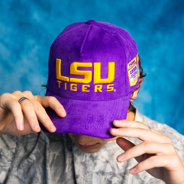 LSU Tigers Purple Corduroy Hat Championship Banners Patch Snapback LSU - On Model Lifestyle