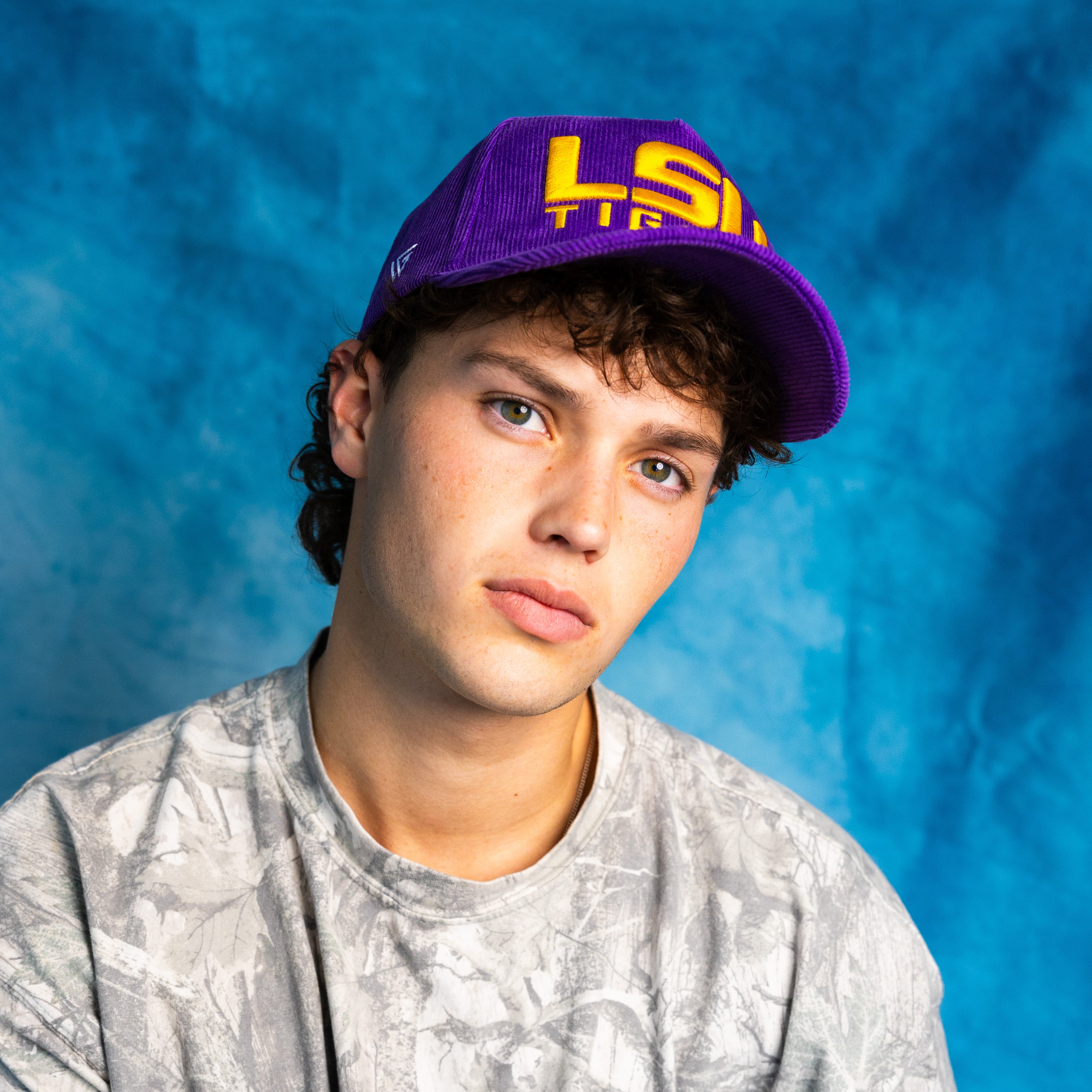 LSU Tigers Purple Corduroy Hat Championship Banners Patch Snapback LSU - On Model Seated