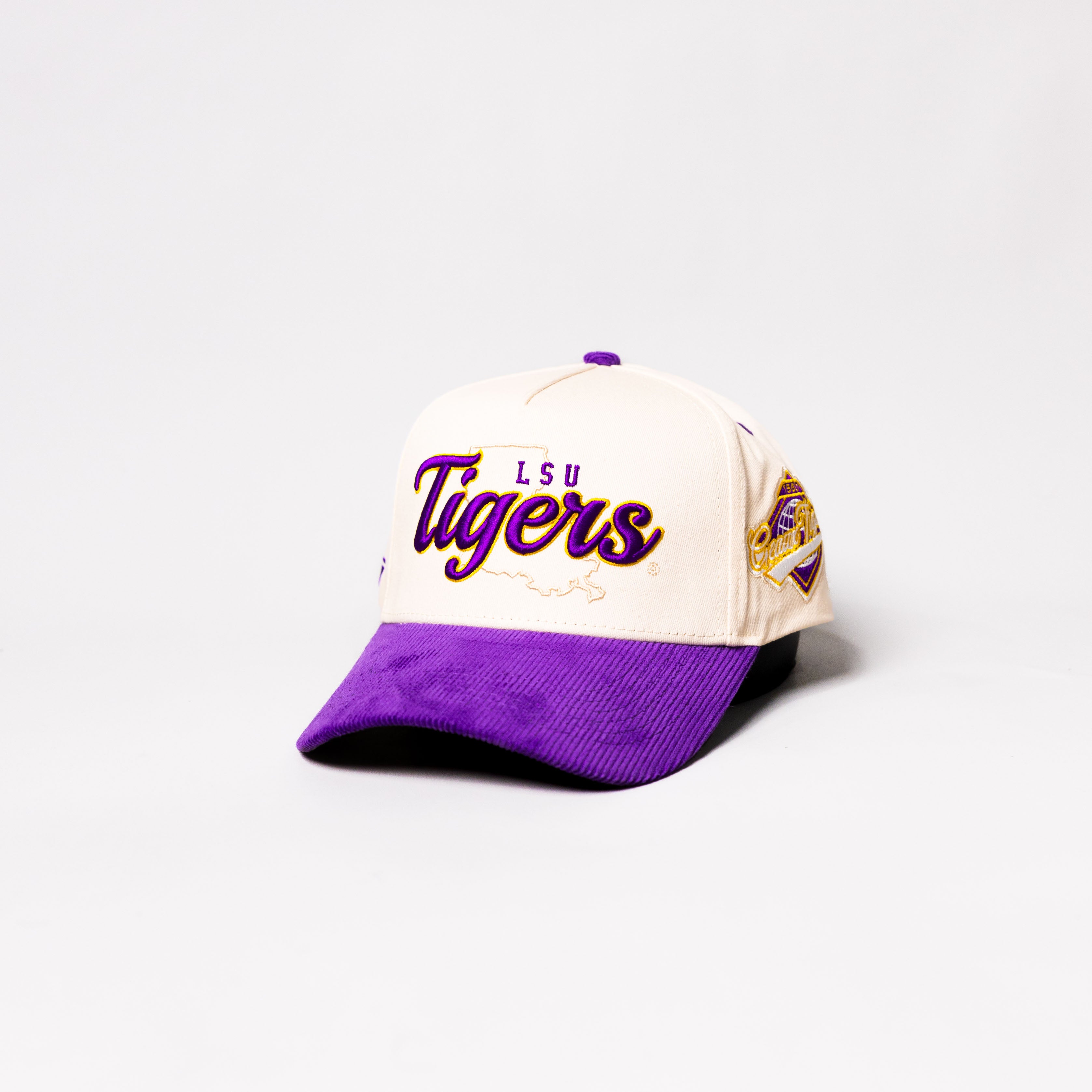 LSU Tigers Script Hat Cream and Purple Corduroy Snapback - Angled View
