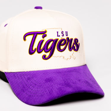 LSU Tigers Script Hat Cream and Purple Corduroy Snapback - Front Detail