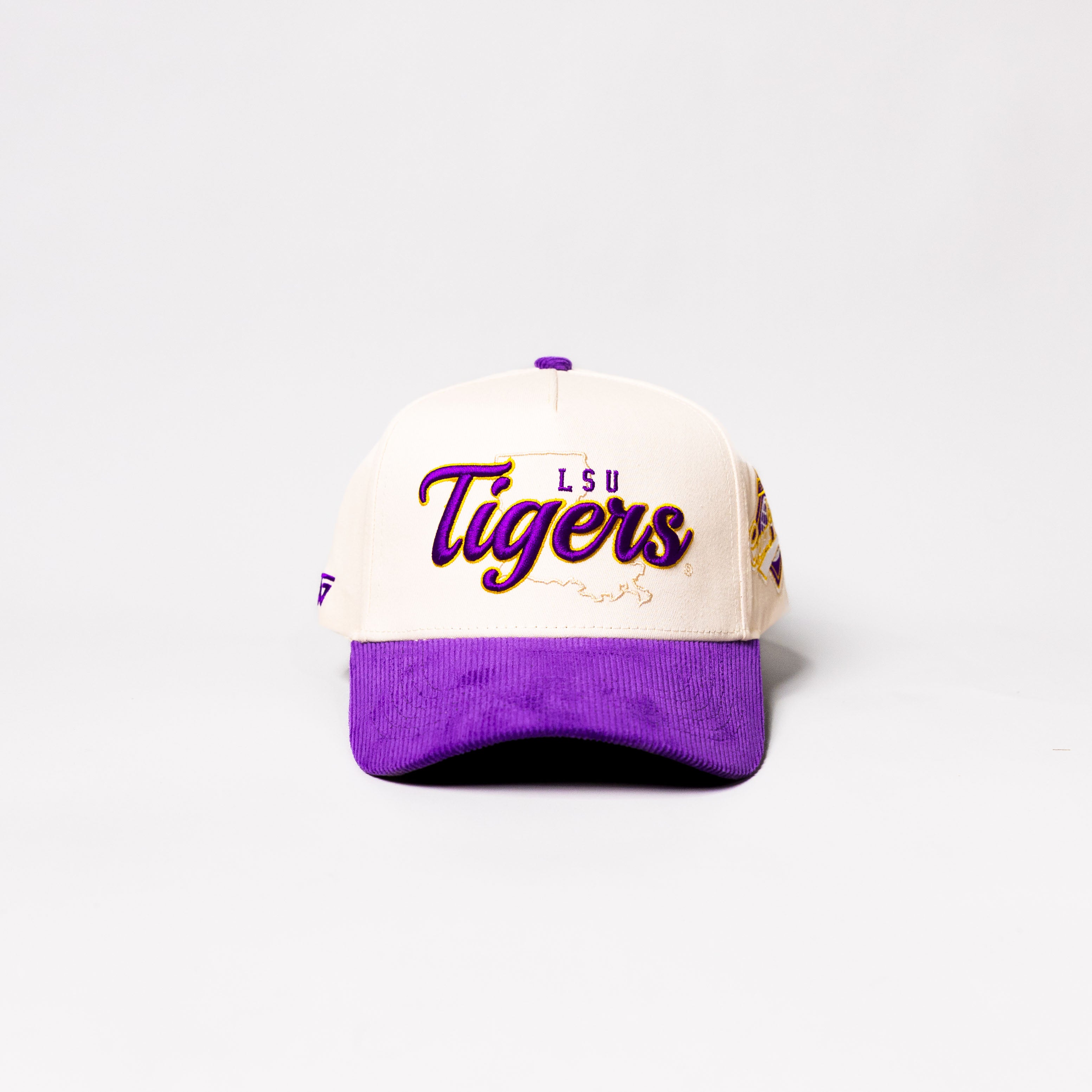 LSU Tigers Script Hat Cream and Purple Corduroy Snapback - Front Panel