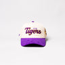 LSU Tigers Script Hat Cream and Purple Corduroy Snapback - Front Panel