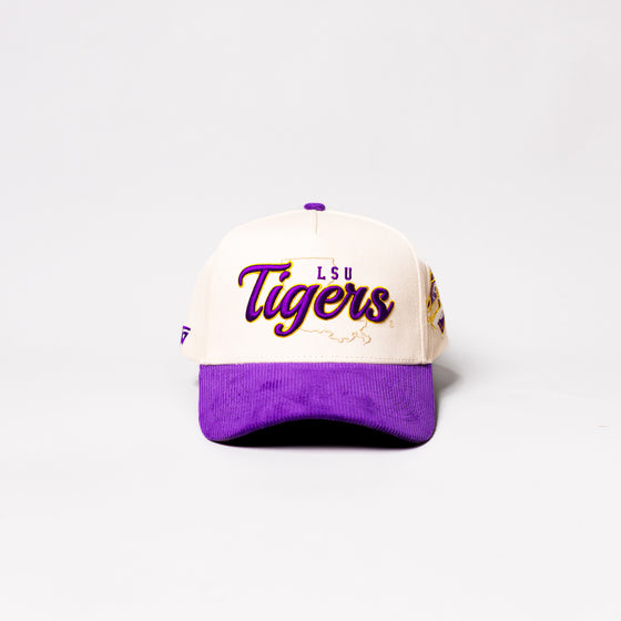 LSU Tigers Script Hat Cream and Purple Corduroy Snapback - Front Panel