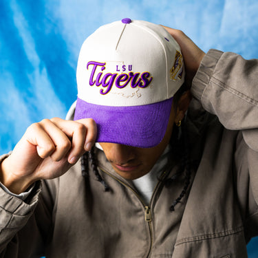 LSU Tigers Script Hat Cream and Purple Corduroy Snapback - On Model Lifestyle