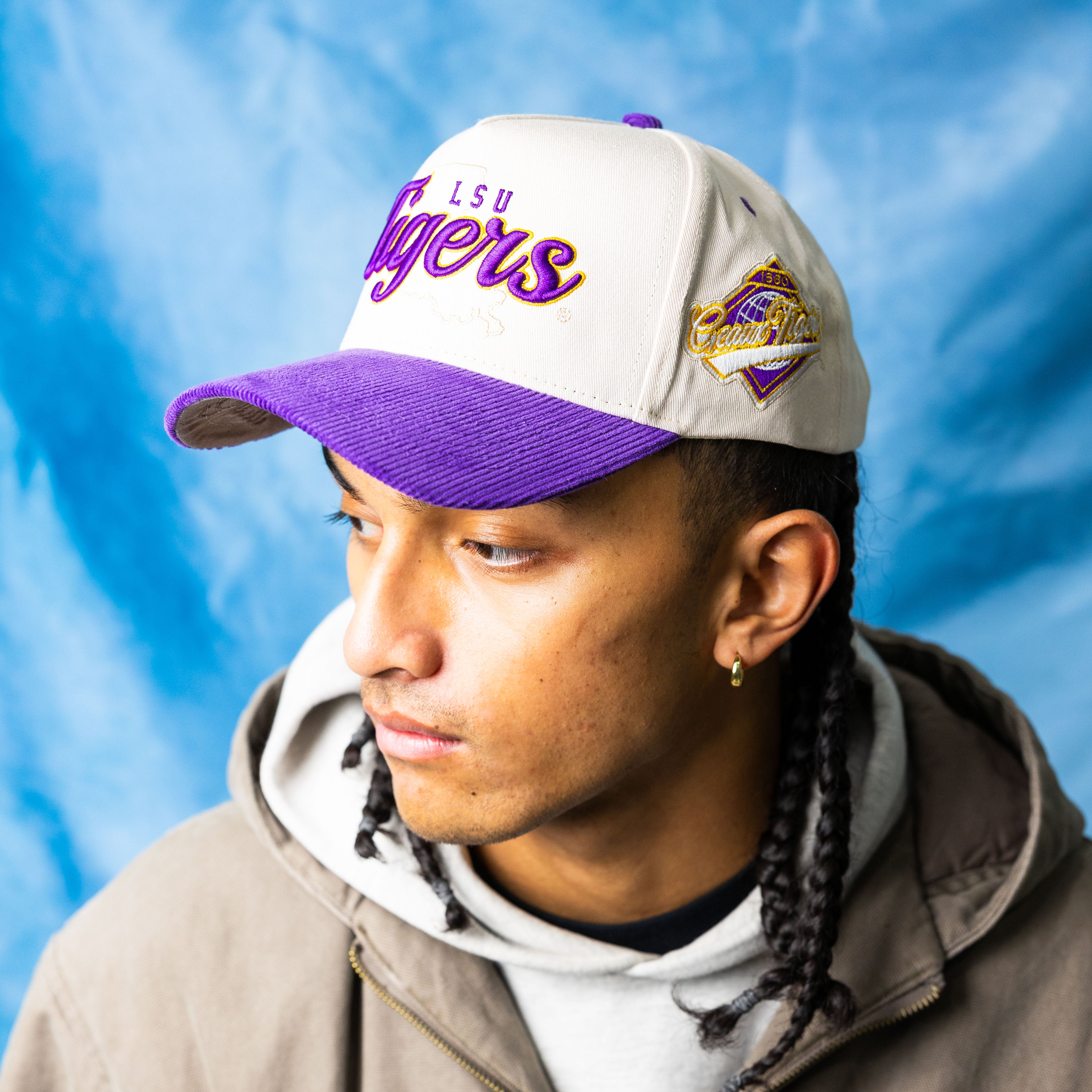 LSU Tigers Script Hat Cream and Purple Corduroy Snapback - On Model Seated