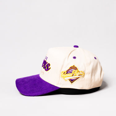LSU Tigers Script Hat Cream and Purple Corduroy Snapback - Side Patch