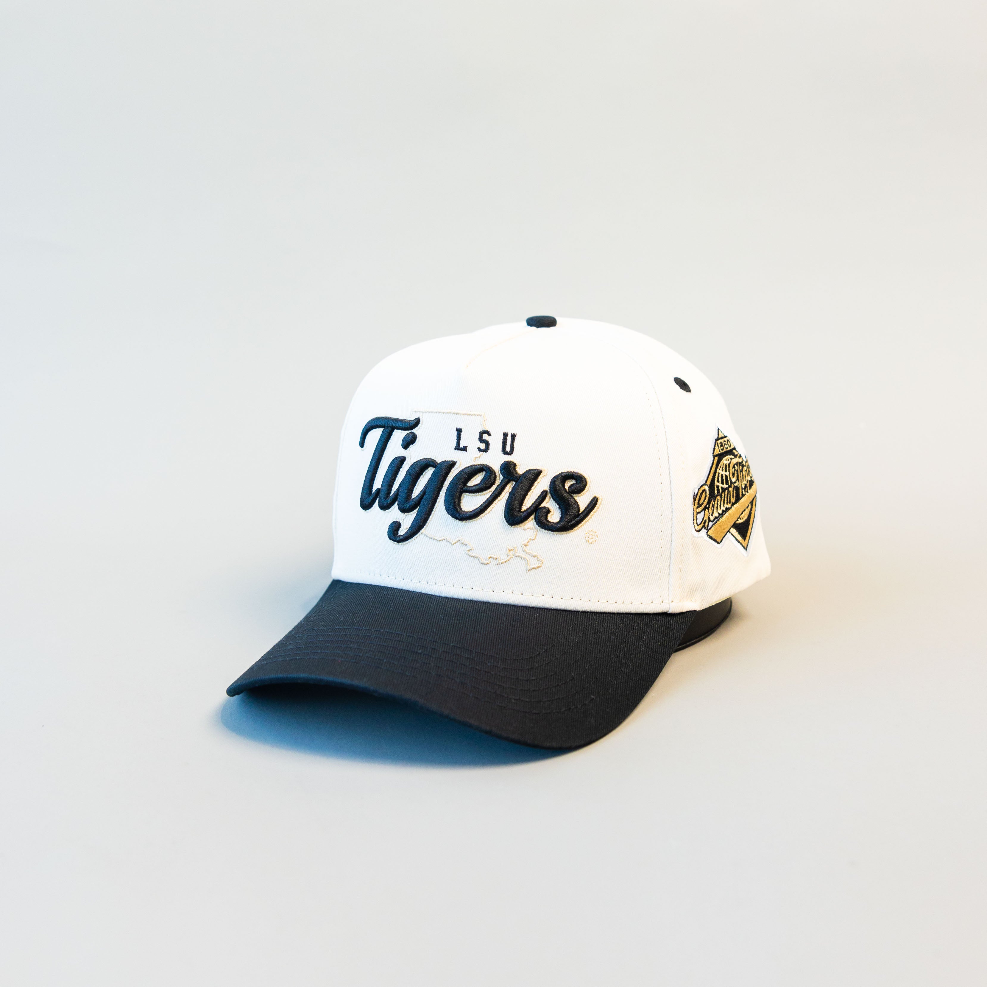 LSU Tigers Script Hat White Black Brim Mascot Patch Snapback College LSU - Angled View