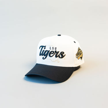 LSU Tigers Script Hat White Black Brim Mascot Patch Snapback College LSU - Angled View