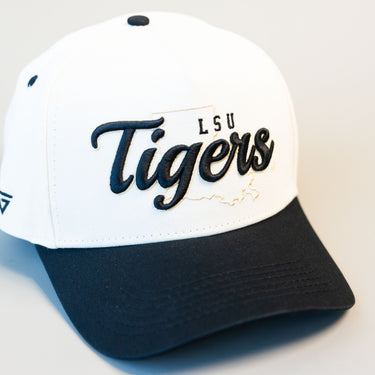 LSU Tigers Script Hat White Black Brim Mascot Patch Snapback College LSU - Front Detail