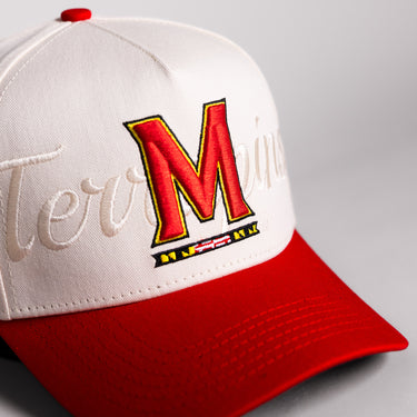 Maryland Terrapins Hat Cream & Red Script Snapback - Front Detail