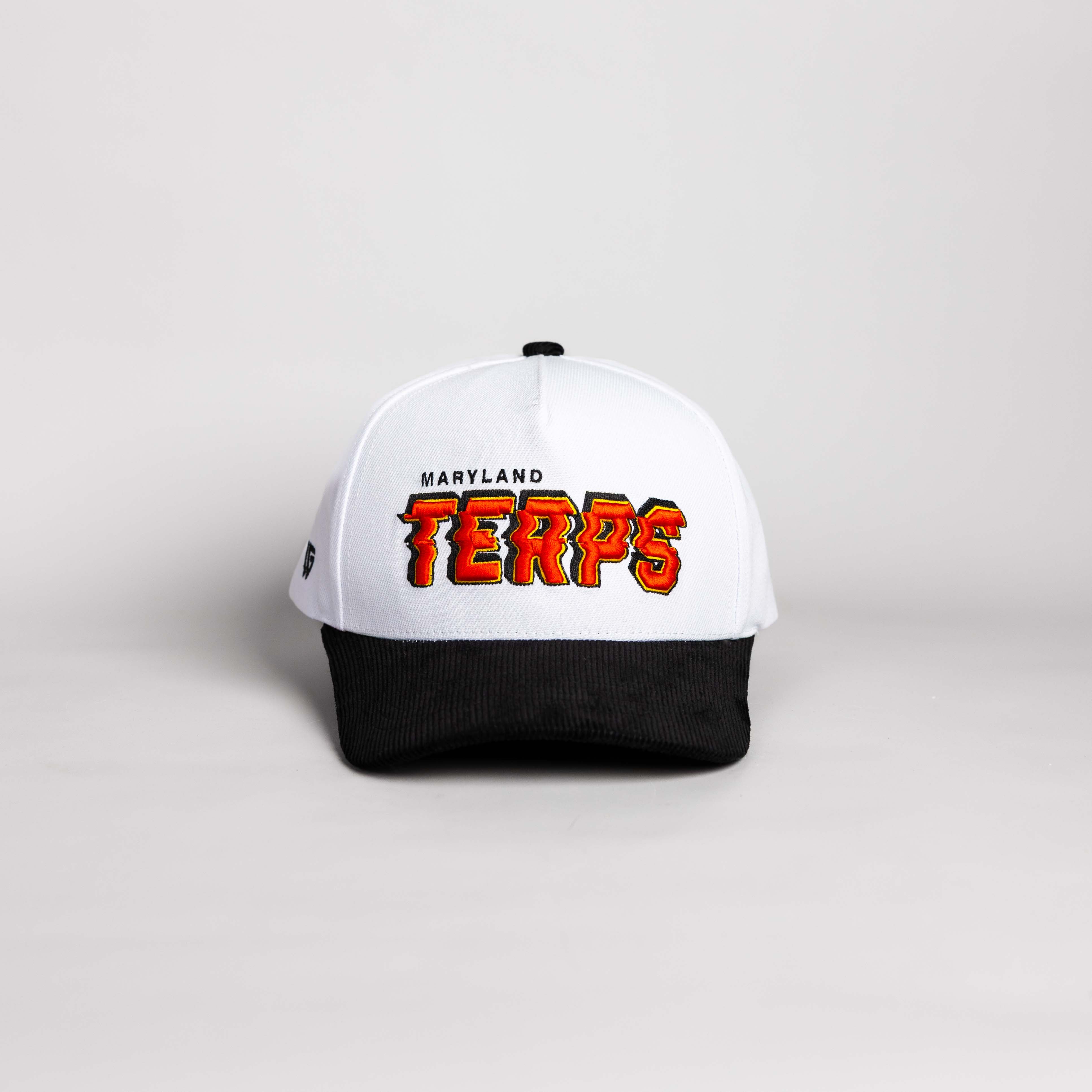 Maryland Terrapins Hat White & Black Corduroy Stadium Pulse Snapback - Front Panel