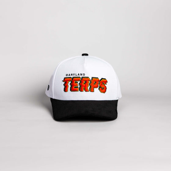 Maryland Terrapins Hat White & Black Corduroy Stadium Pulse Snapback - Front Panel