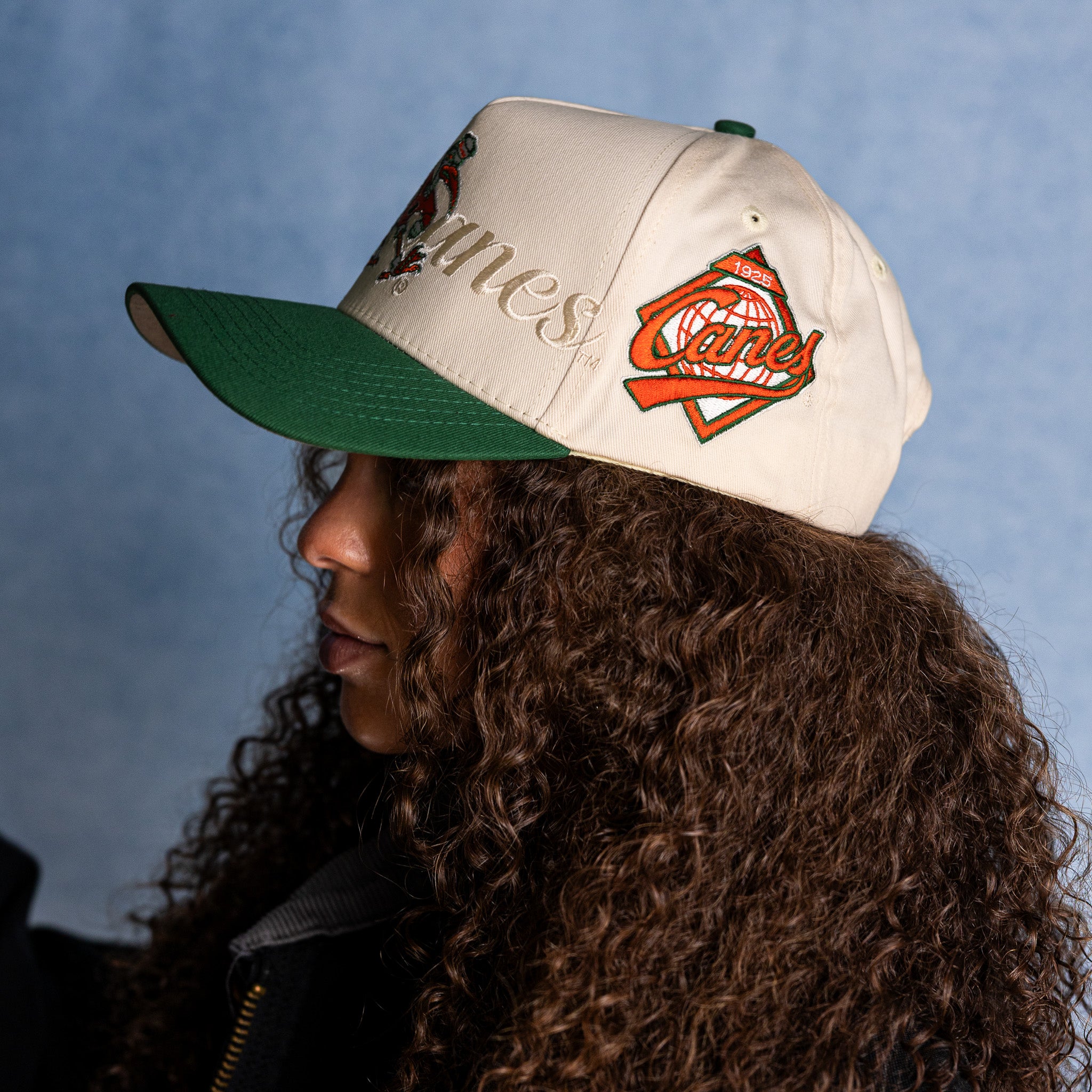 Miami Hurricanes Hat Cream & Green Script Snapback - On Model Lifestyle B