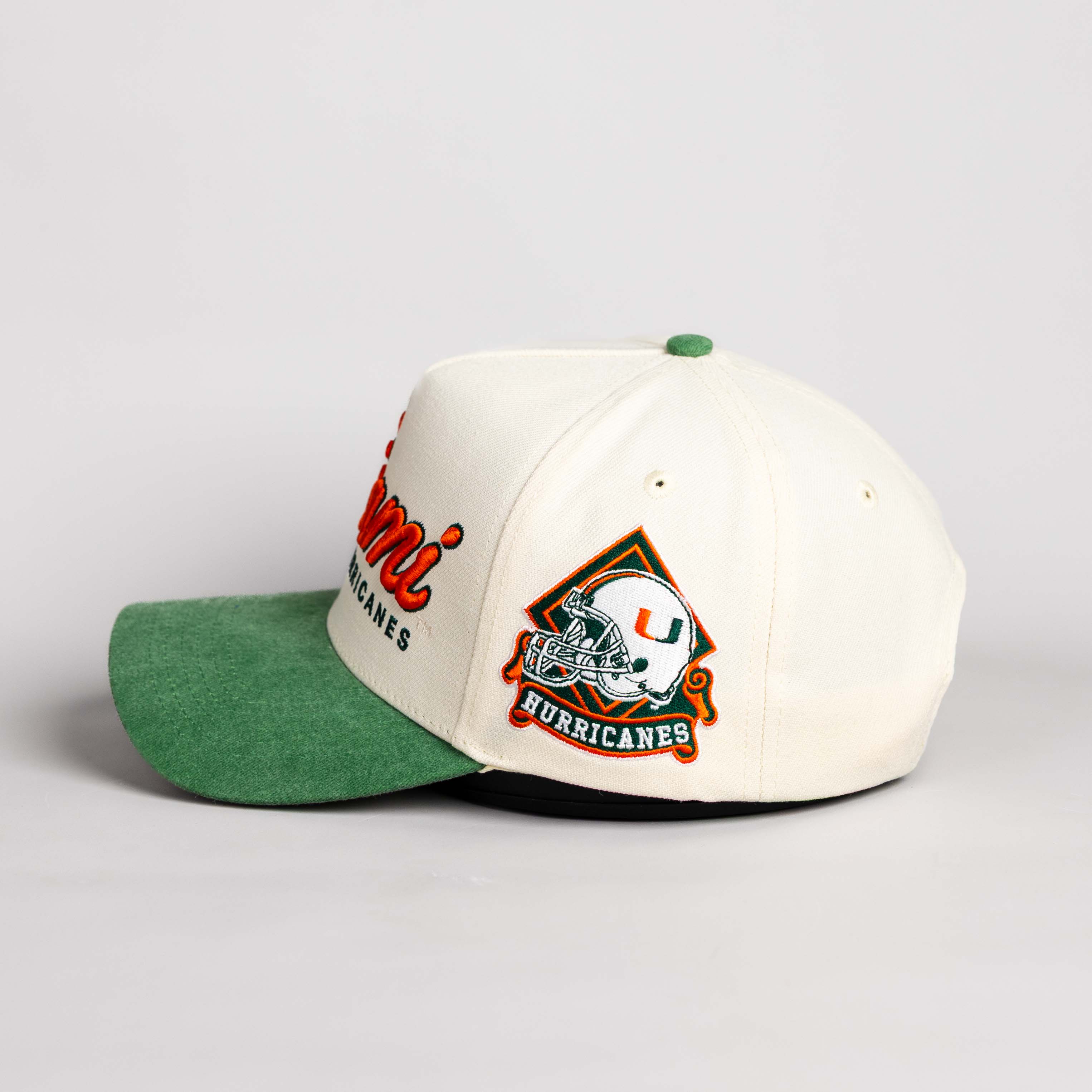 Miami Hurricanes Hat Cream & Green Sun Fade - Side Patch