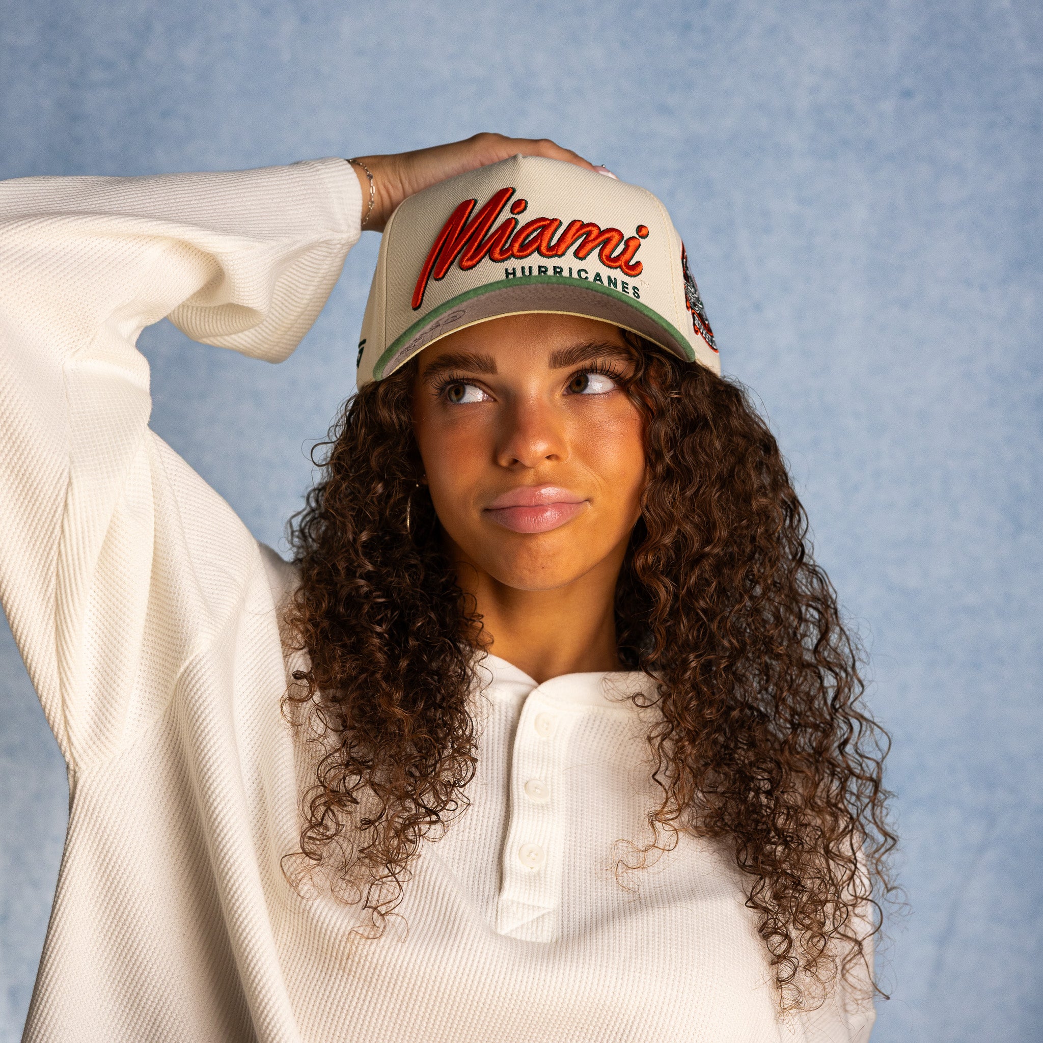 Miami Hurricanes Hat Cream & Green Sun Fade Snapback - On Model Lifestyle D