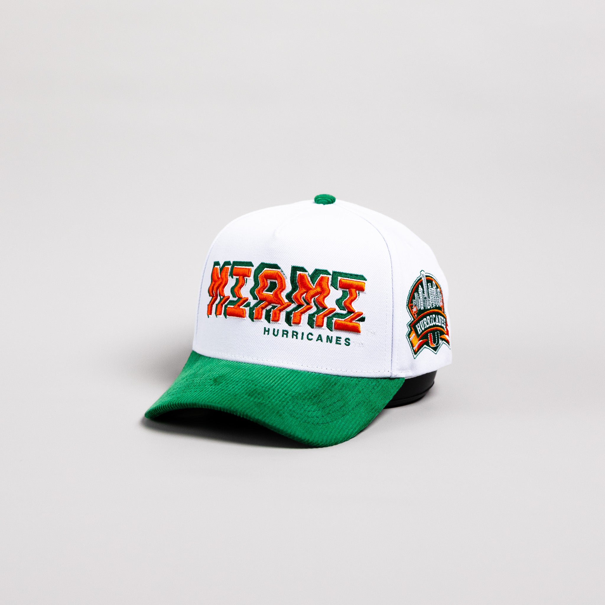Miami Hurricanes Hat White & Green Corduroy Stadium Pulse Snapback - Angled View