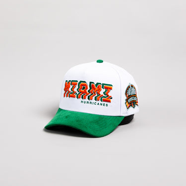 Miami Hurricanes Hat White & Green Corduroy Stadium Pulse Snapback - Angled View