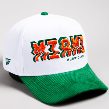 Miami Hurricanes Hat White & Green Corduroy Stadium Pulse Snapback - Front Detail