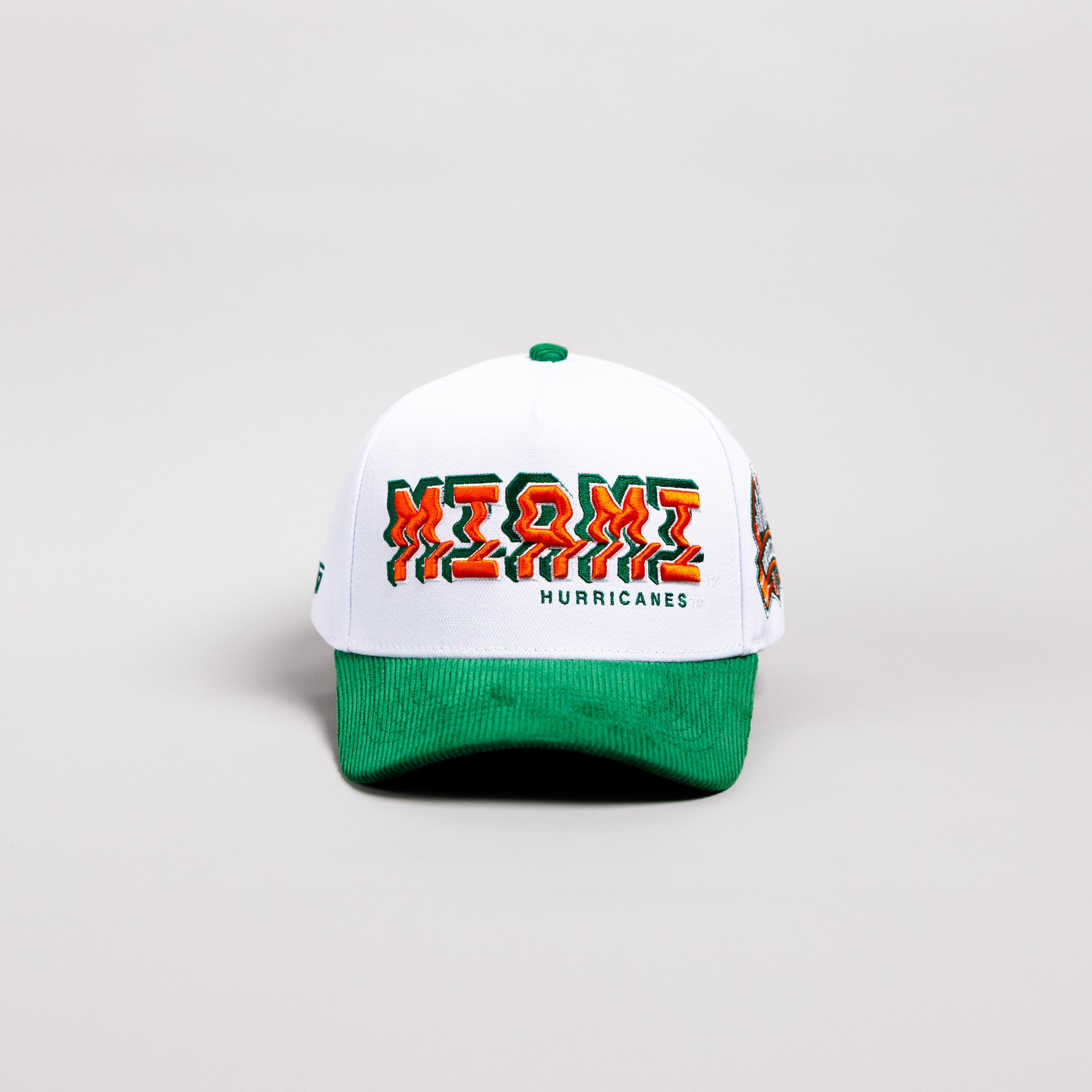 Miami Hurricanes Hat White & Green Corduroy Stadium Pulse Snapback - Front Panel