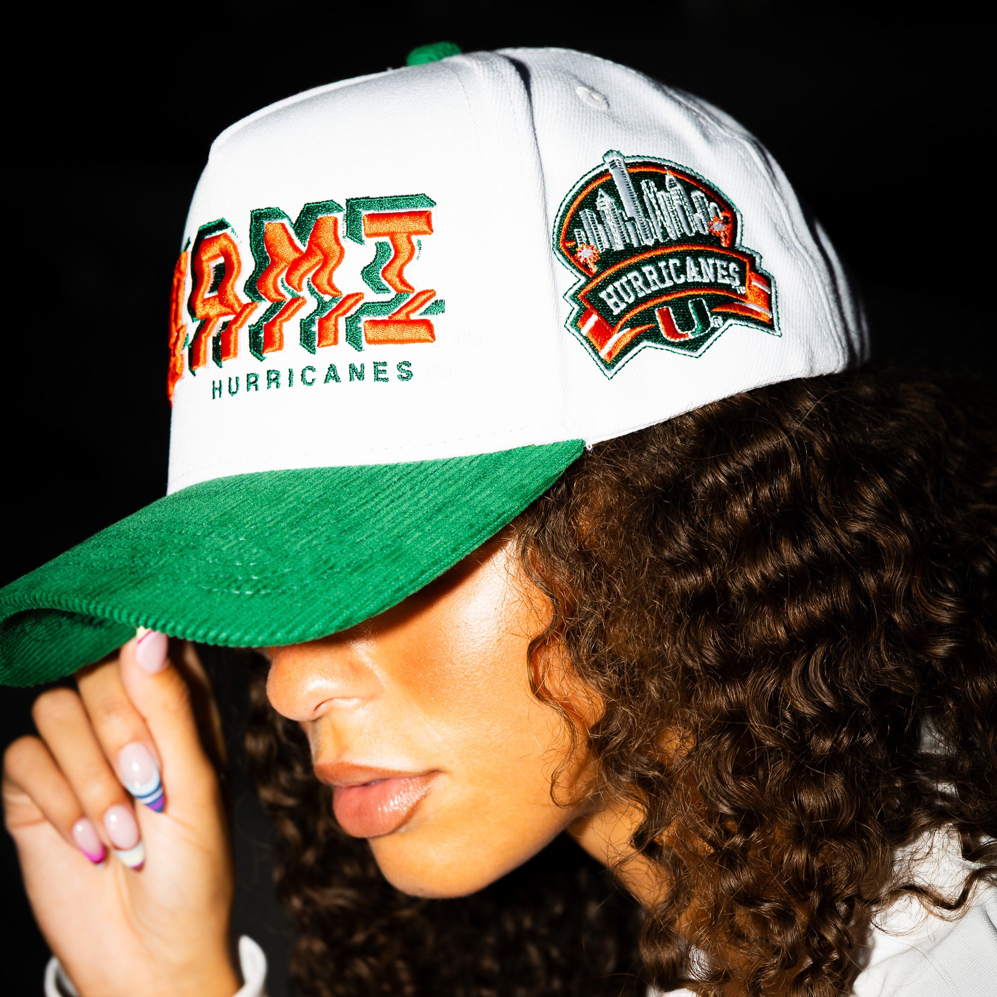 Miami Hurricanes Hat White & Green Corduroy Stadium Pulse Snapback - On Model Lifestyle