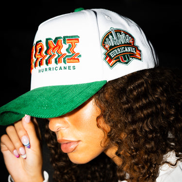 Miami Hurricanes Hat White & Green Corduroy Stadium Pulse Snapback - On Model Lifestyle