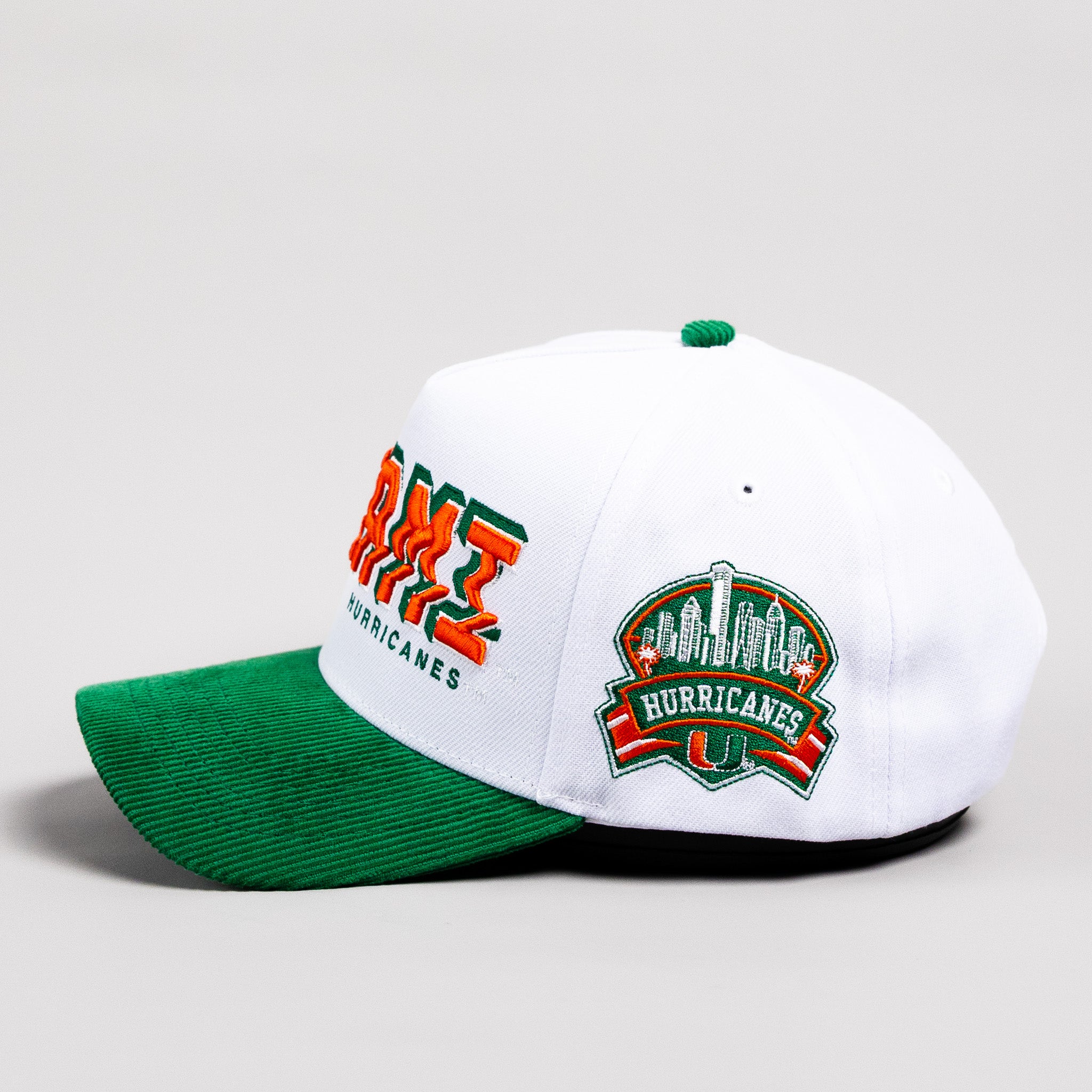 Miami Hurricanes Hat White & Green Corduroy Stadium Pulse Snapback - Side Patch