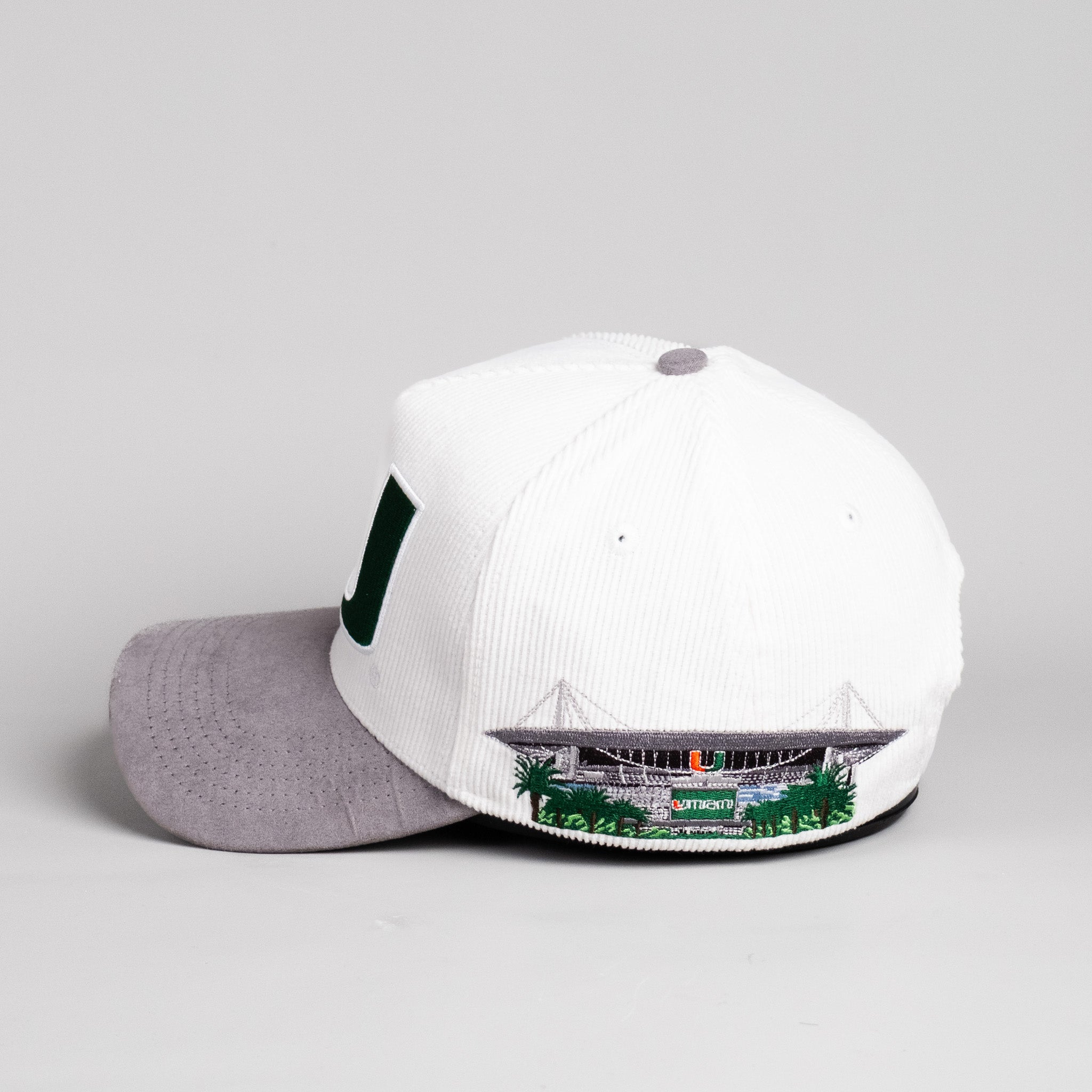 Miami Hurricanes Hat White & Grey Side Stadium Patch Snapback - Side Stadium