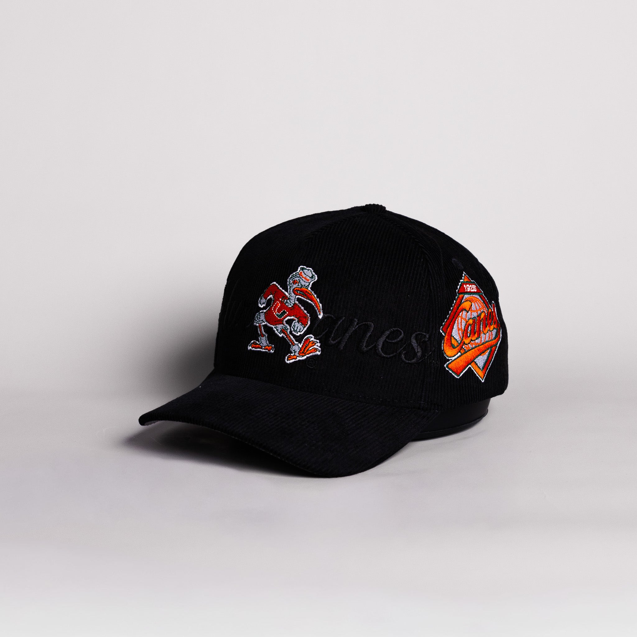 Miami Hurricanes Sebastian Hat Blackout Corduroy Canes Patch Snapback - Angled View